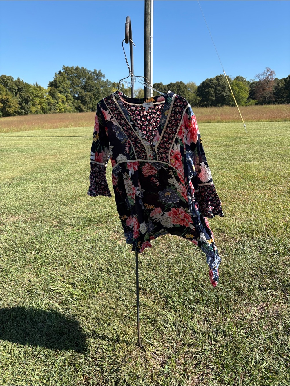 Umgee Black Floral V-Neck Boho Tunic with Pink Accents